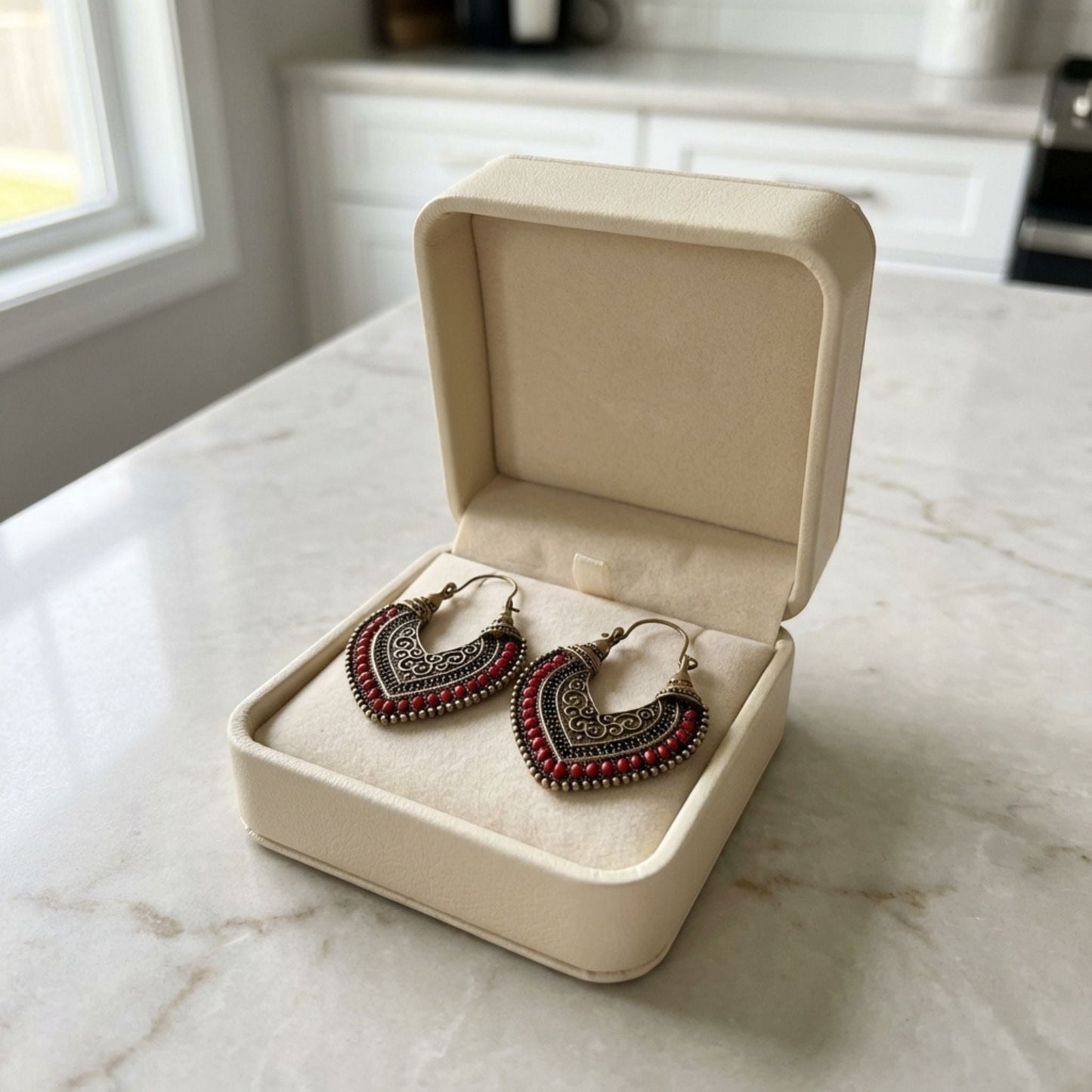 Vintage Gold & Red Tribal Hoop Earrings