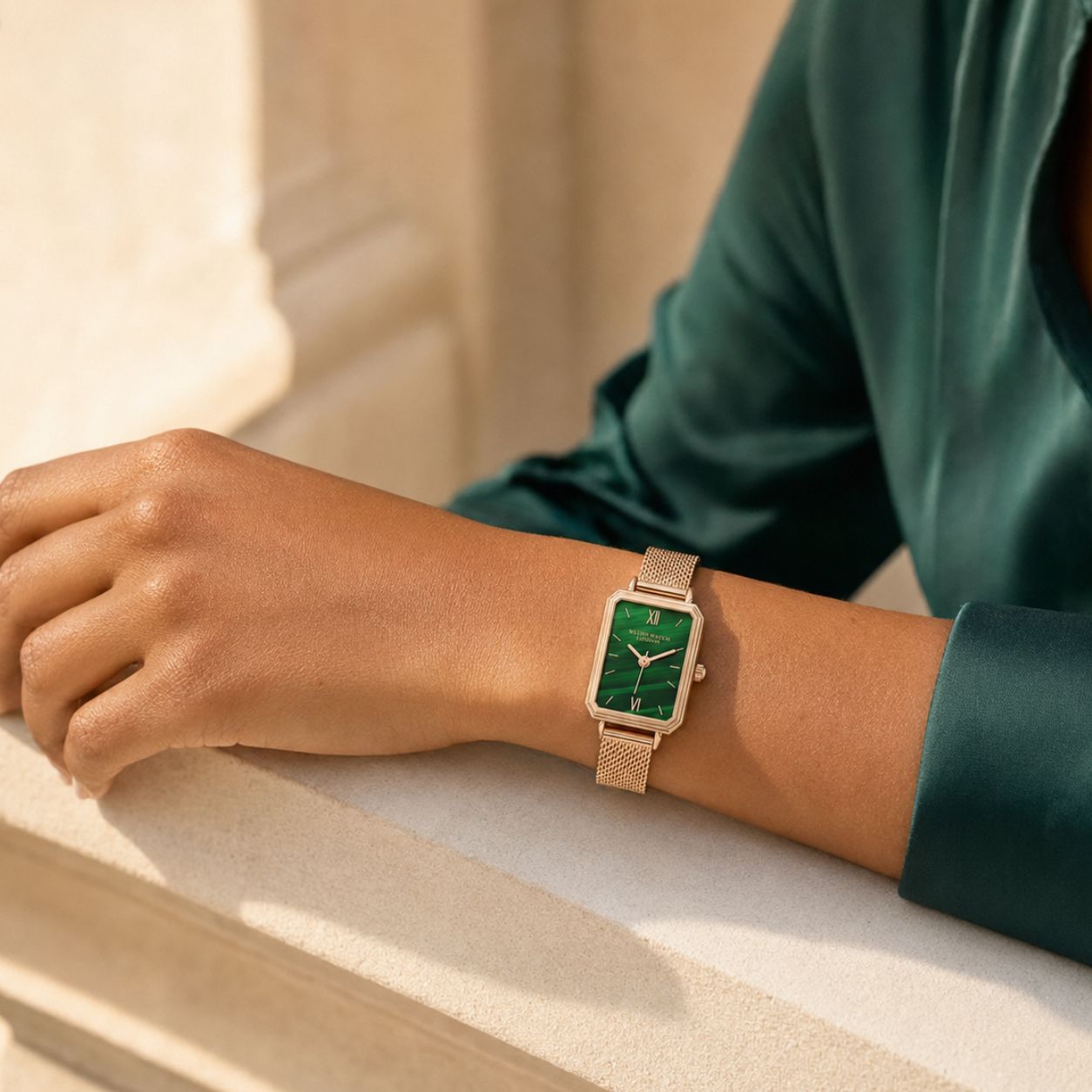 Green Rectangular Dial Gold Mesh Watch