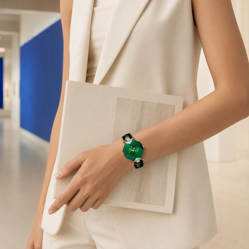 Emerald Crystal Leather Strap Watch