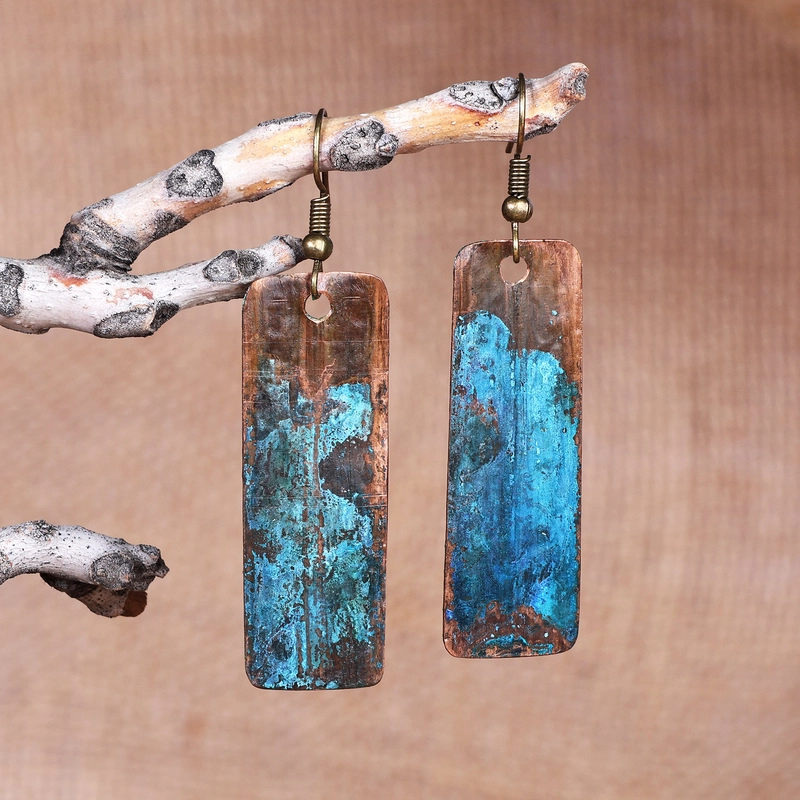 Vintage Blue & Bronze Rectangular Earrings-Lydieannejewelry
