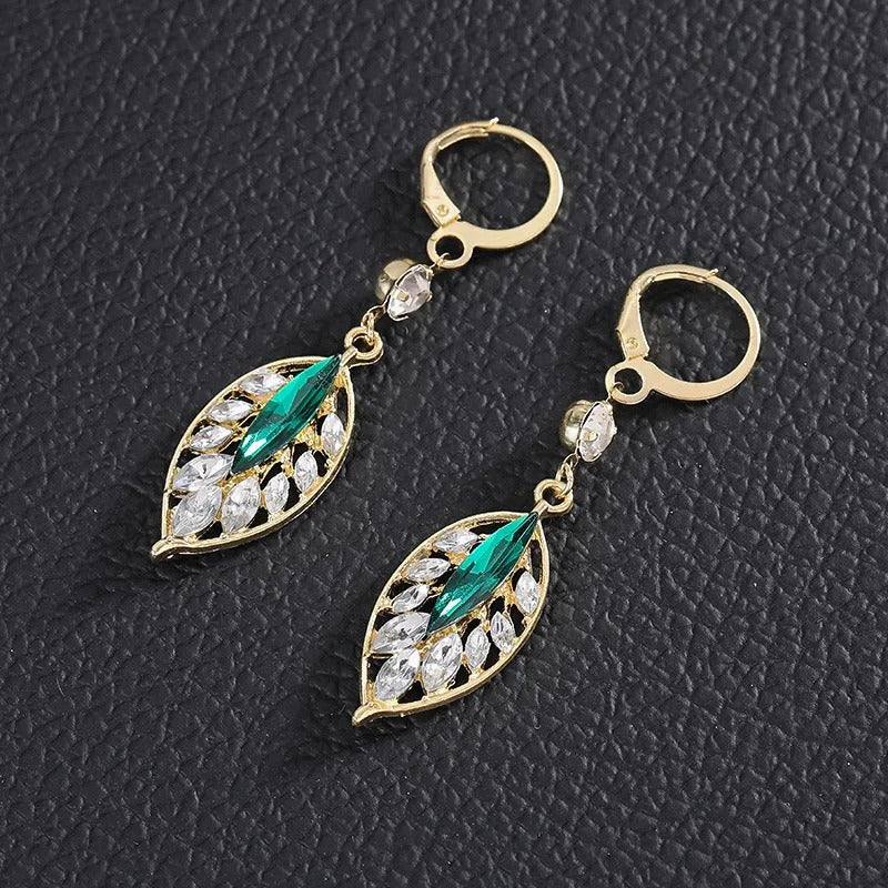Gold Green Hollow Leaves Dangle Earrings-Lydieannejewelry