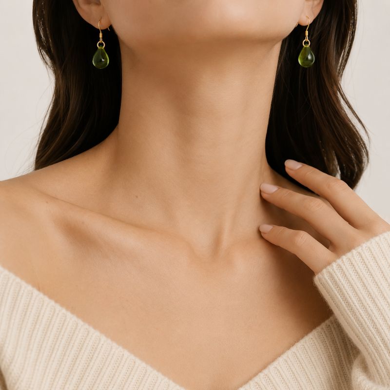 Vintage Green Bright Drop Gold Earrings