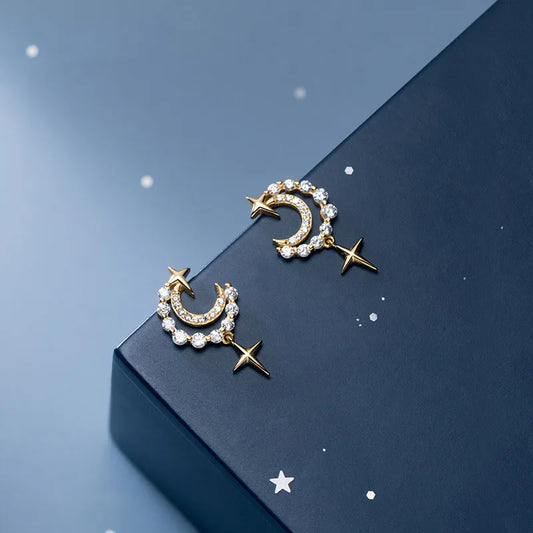 Vintage Moon & Four-Point Star Diamond Tassel Earrings