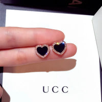 Vintage Enamel Heart Stud Earrings – Rose & Black