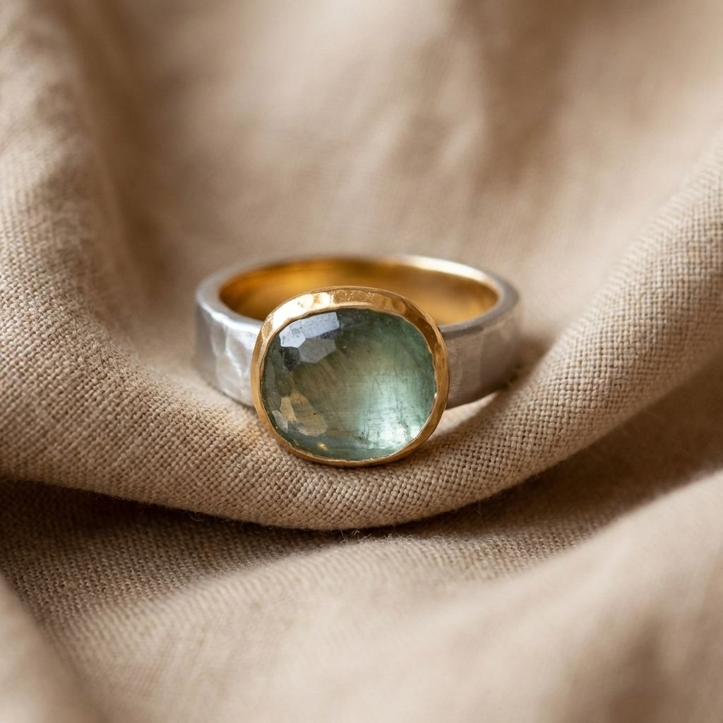 Green Stone Two-Tone Band Ring