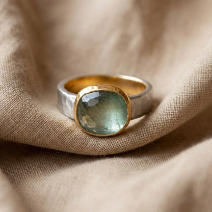 Green Stone Two-Tone Band Ring