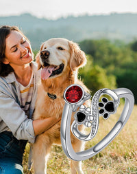 Black Paw Print Adjustable Ring With Red Gemstone