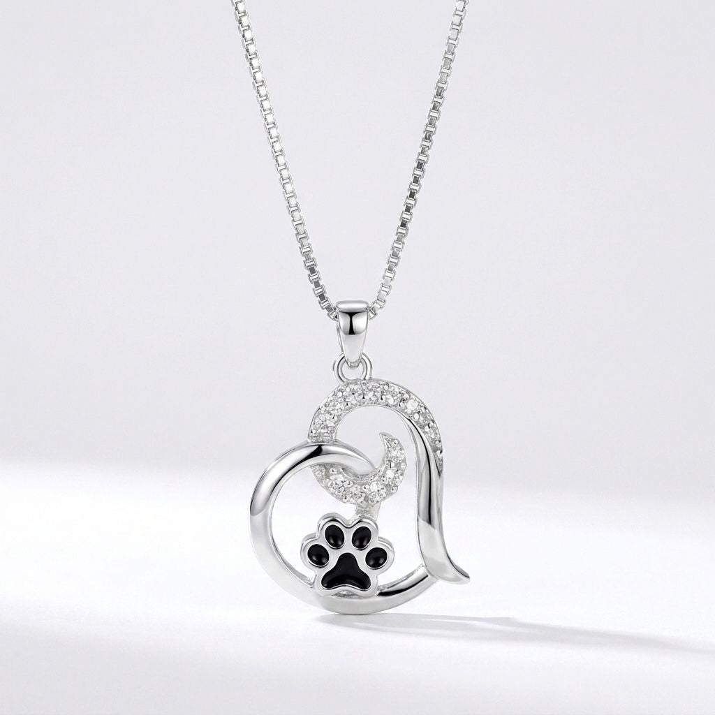 Cat Dog Paw Print Heart Necklace