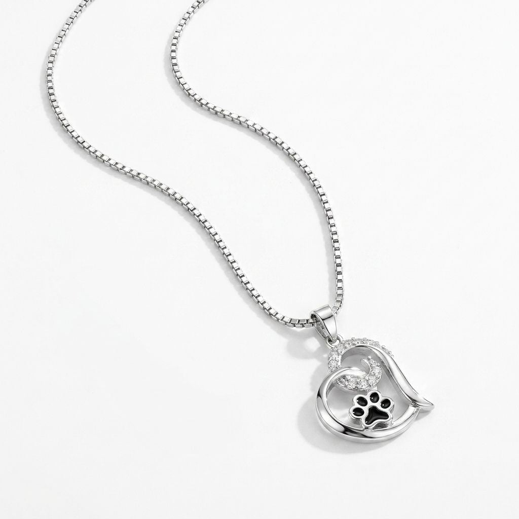 Cat Dog Paw Print Heart Necklace