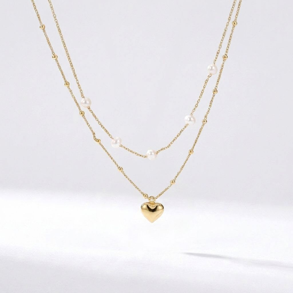 Double Strand Freshwater Pearl & Heart Necklace
