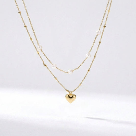 Double Strand Freshwater Pearl & Heart Necklace