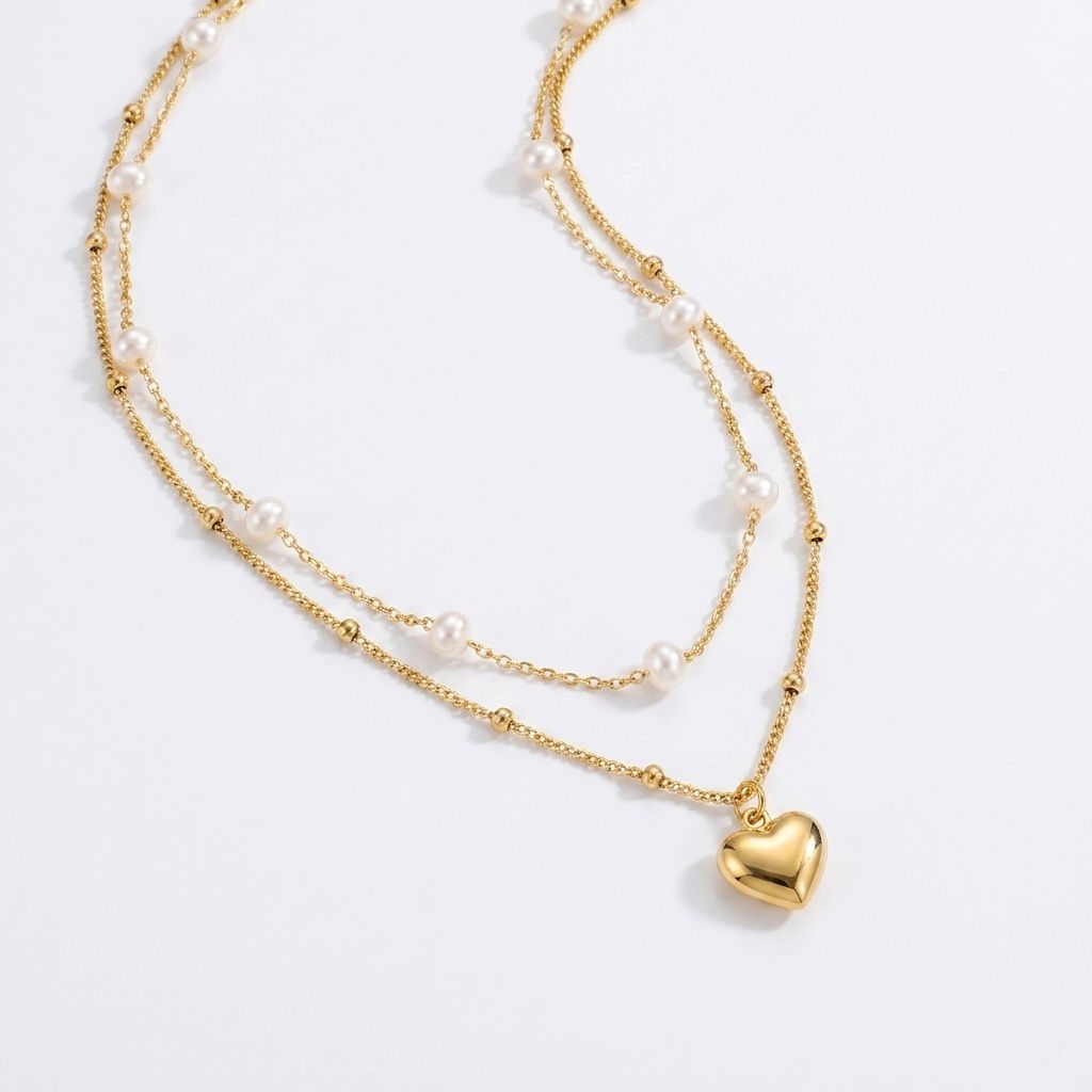 Double Strand Freshwater Pearl & Heart Necklace