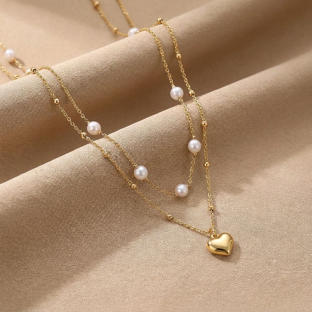 Double Strand Freshwater Pearl & Heart Necklace