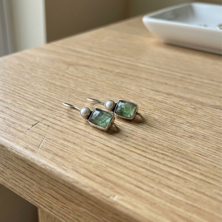 Vintage Green Stone Inlaid Pearl Earrings