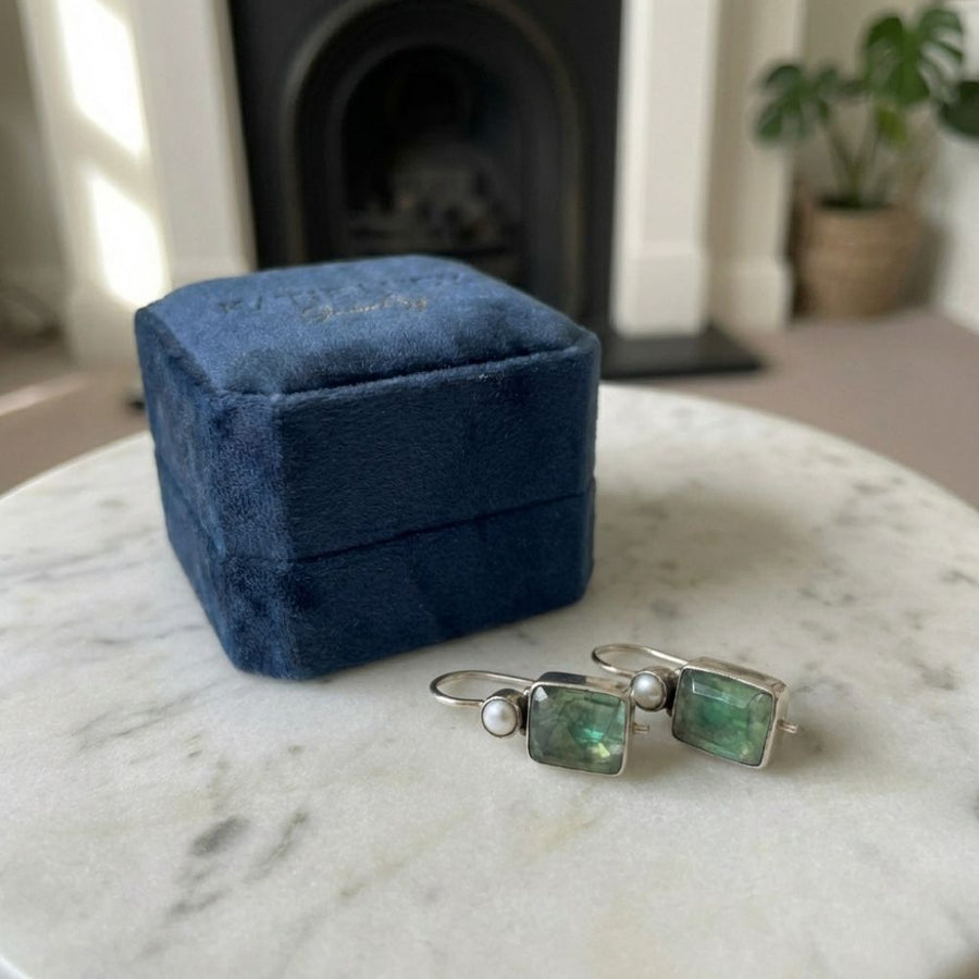 Vintage Green Stone Inlaid Pearl Earrings