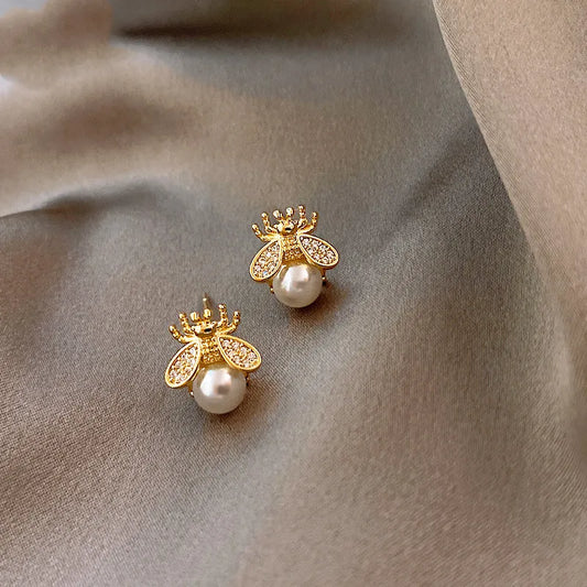 Honey Bee Pearl Stud Earrings