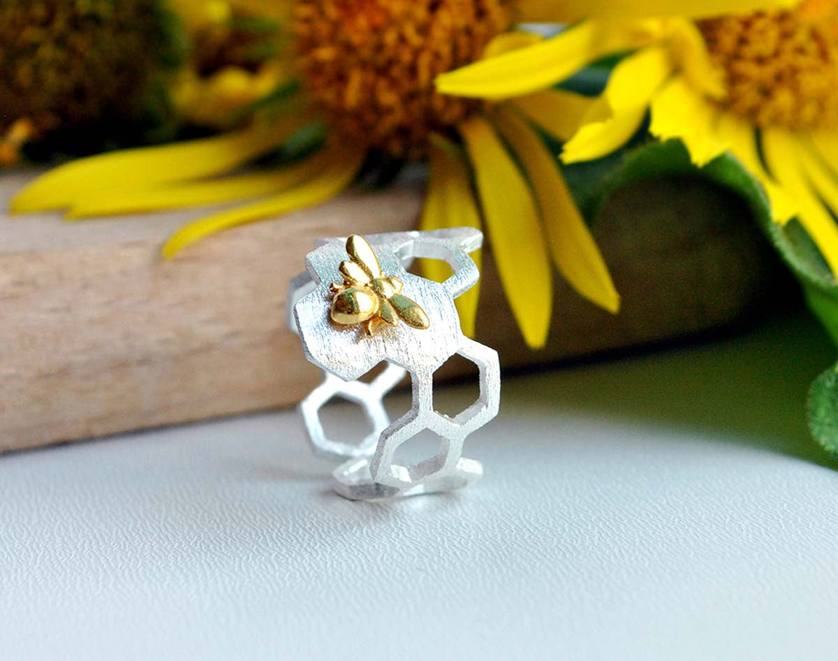 Adjustable 18K Gold Plated Honeycomb Ring