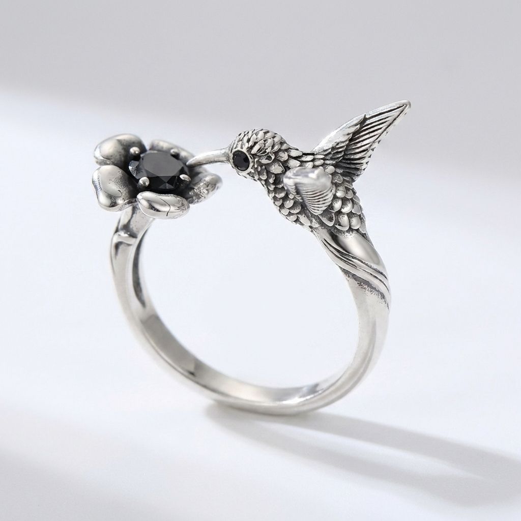 Hummingbird Flower Open Ring