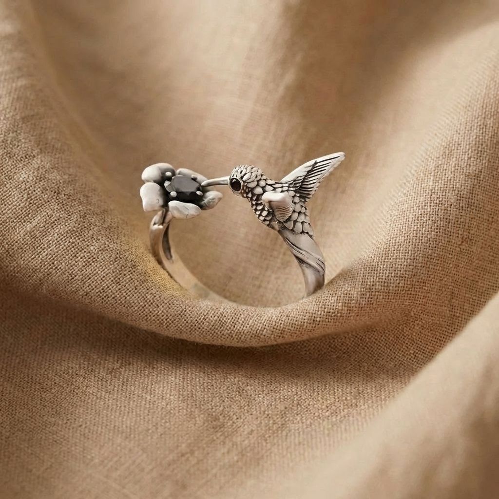 Hummingbird Flower Open Ring