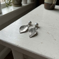 Vintage Inlaid Silver Pearl Leaf Earrings