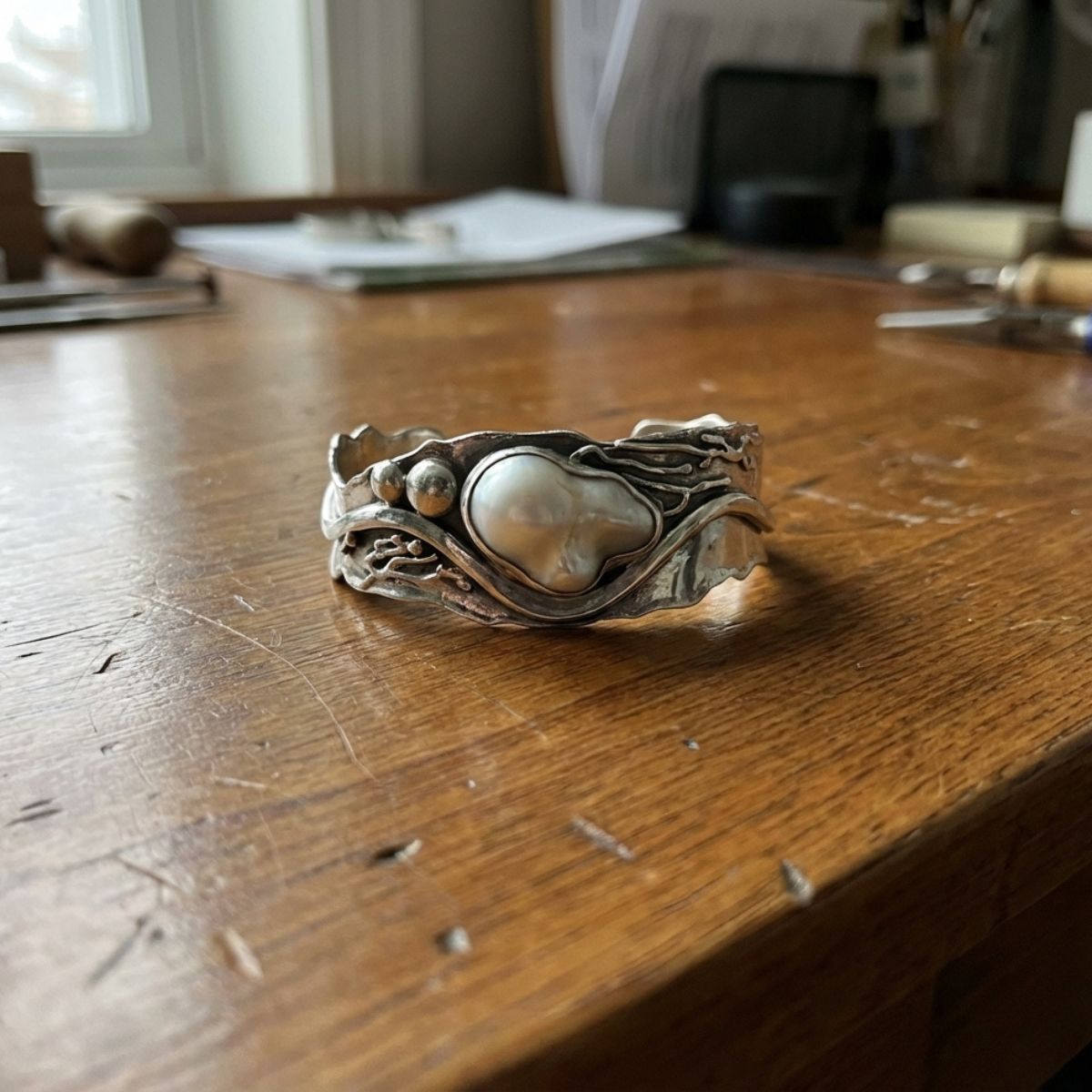 Vintage White Stone SIlver Wavy Ring