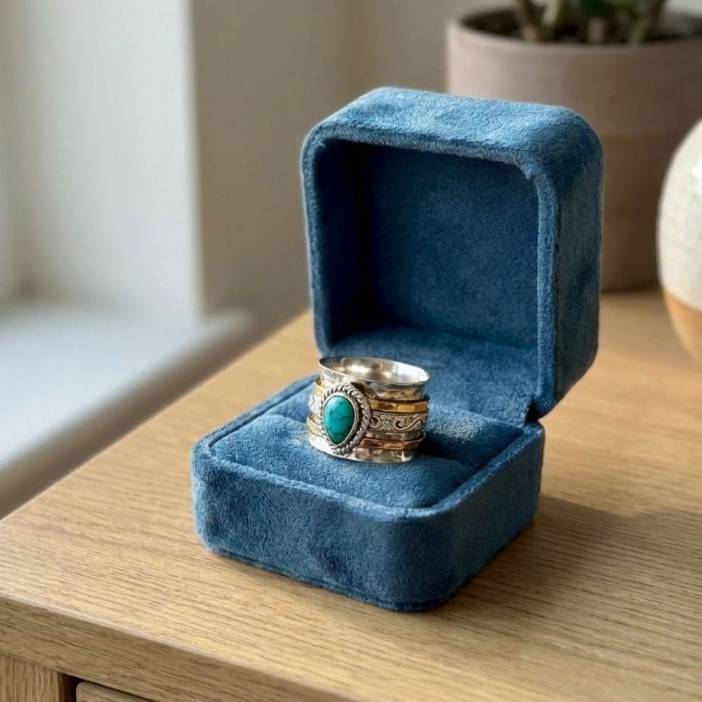Vintage Turquoise Inlaid Stone Gold & Silver Ring