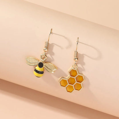 Gold Honeycomb & Bee Drop Earrings