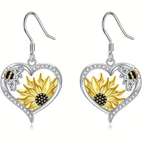 Vintage Boho Sunflower & Bee Heart Dangle Earrings