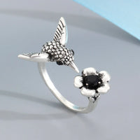 Hummingbird & Flower Ring Adjustable Open Bird Ring