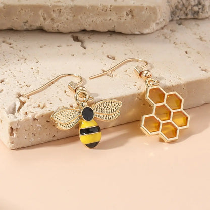 Gold Honeycomb & Bee Drop Earrings