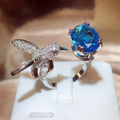 Adjustable Hummingbird Gemstone Ring Zirconia