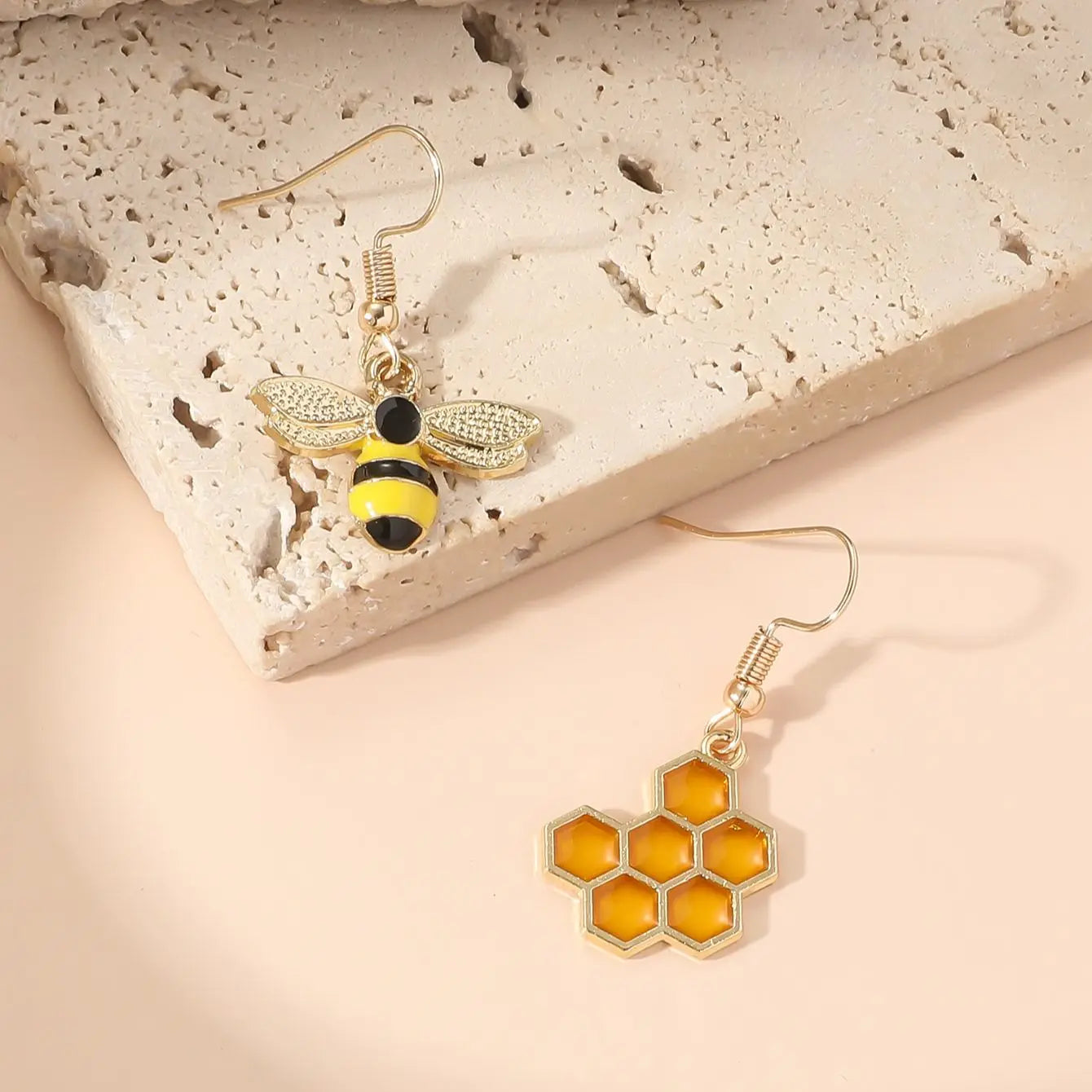 Gold Honeycomb & Bee Drop Earrings