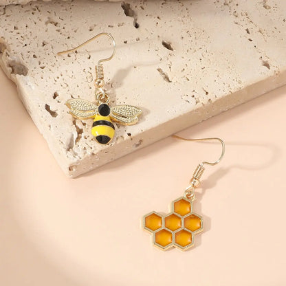 Gold Honeycomb & Bee Drop Earrings
