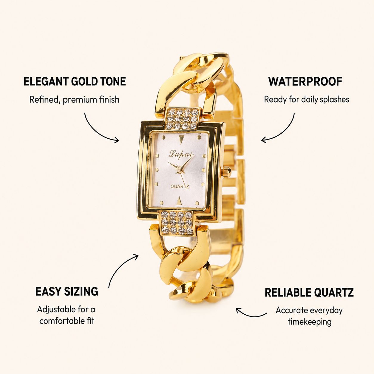 Crystal Accented Rectangular Dial Watch