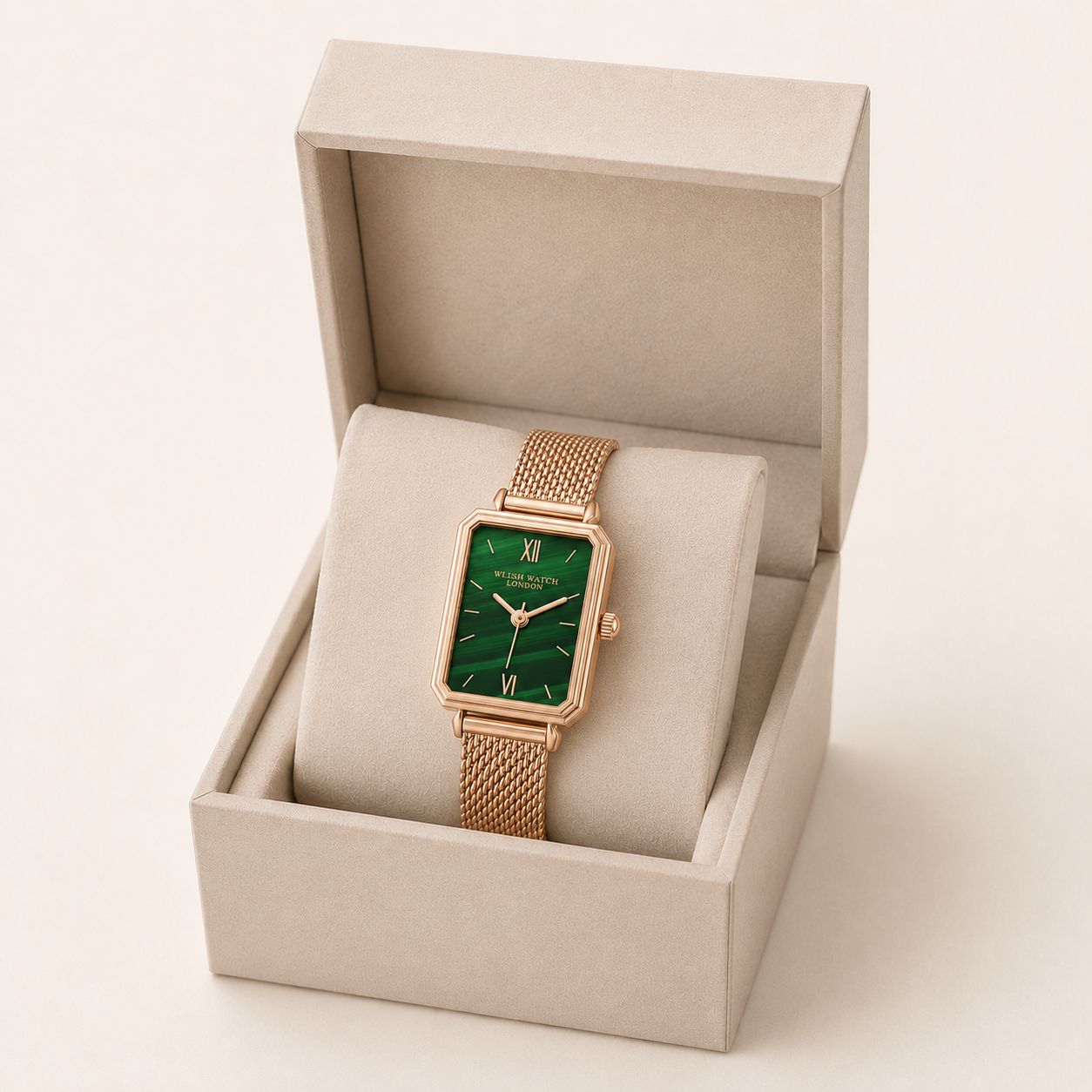 Green Rectangular Dial Gold Mesh Watch