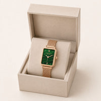 Green Rectangular Dial Gold Mesh Watch