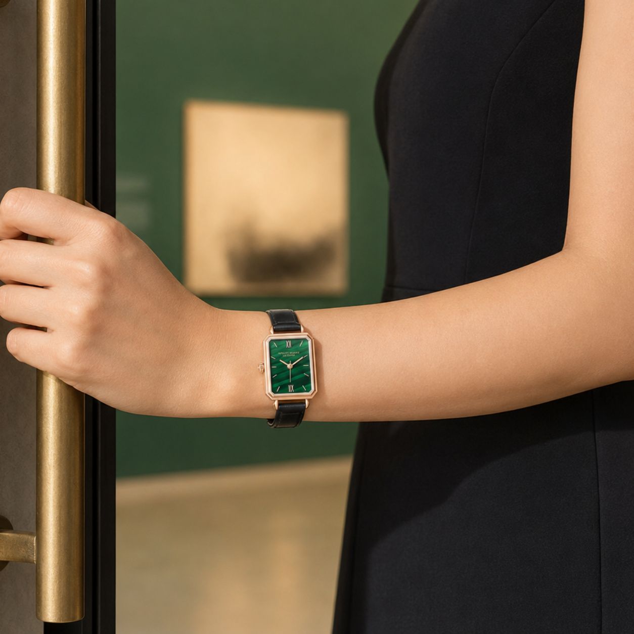 Charlotte Design rectangular green gold leather Watch