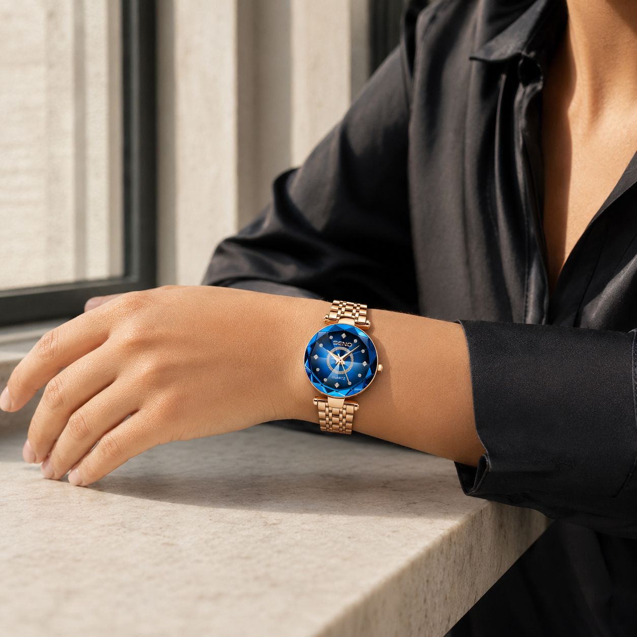 Faceted Blue Gold Quartz Watch Crystal Dial