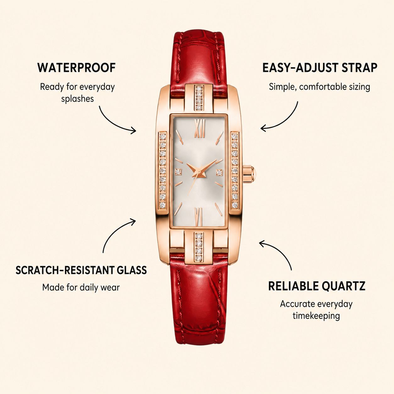 Crystal Accented Rectangular Dial Watch