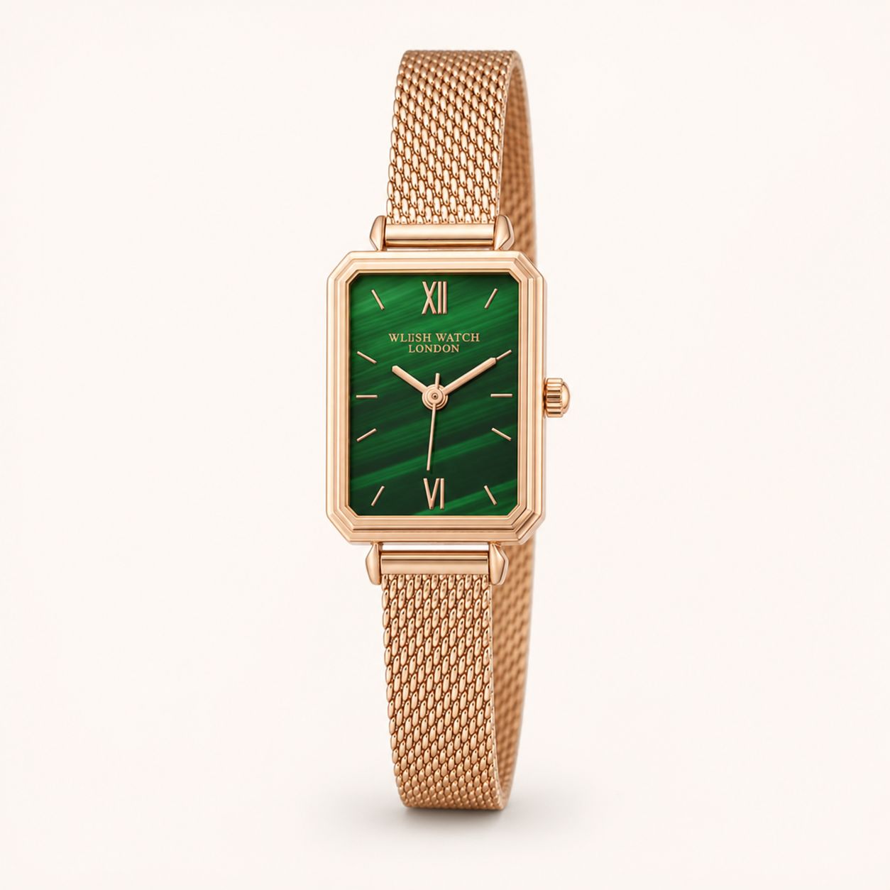 Green Rectangular Dial Gold Mesh Watch