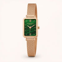 Green Rectangular Dial Gold Mesh Watch