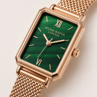 Green Rectangular Dial Gold Mesh Watch