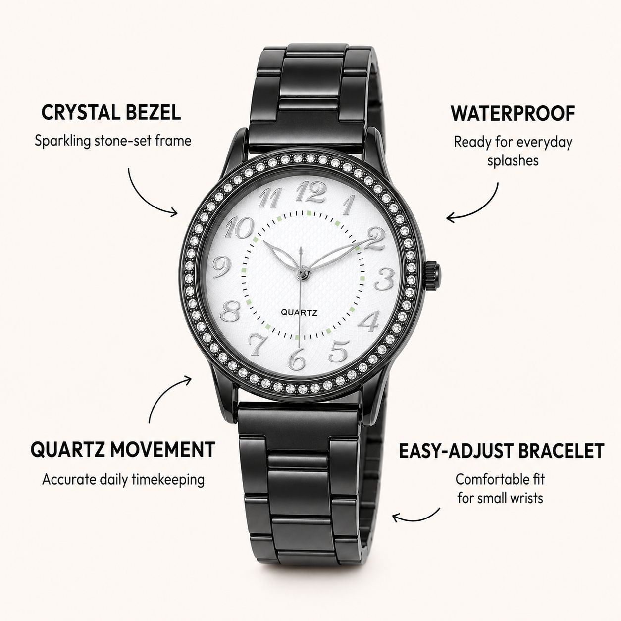 Crystal-Accented Steel Quartz Watch