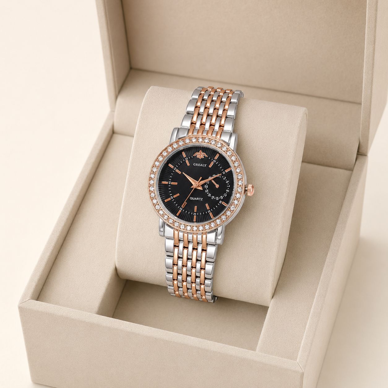 Black Crystal-Accented Dial Two-Tone Stainless Steel Watch