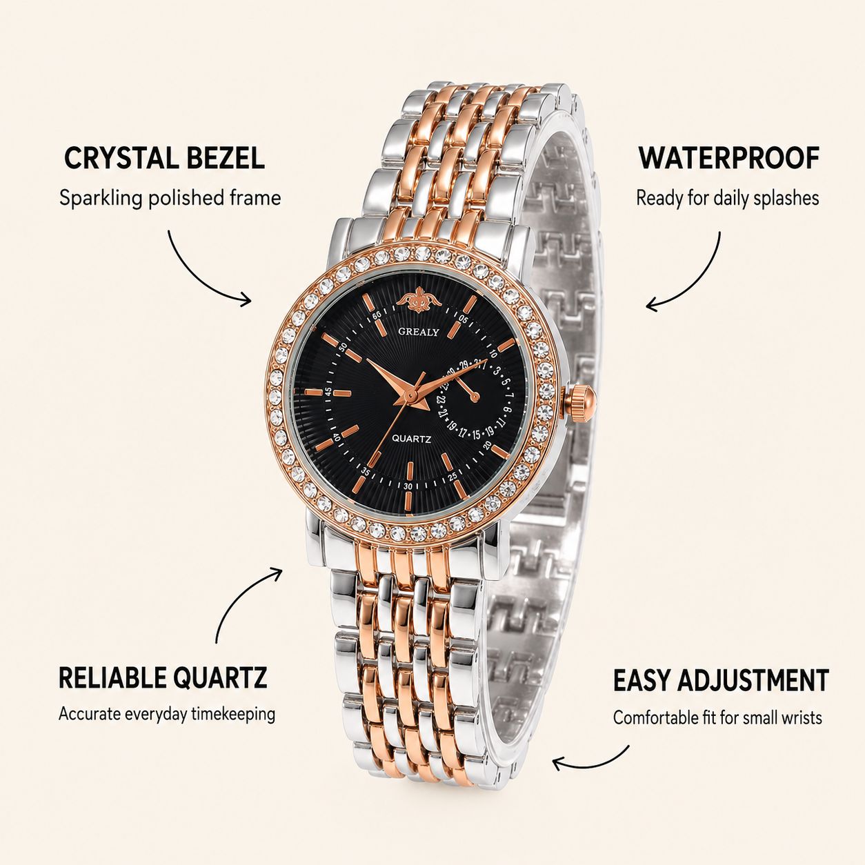 Black Crystal-Accented Dial Two-Tone Stainless Steel Watch