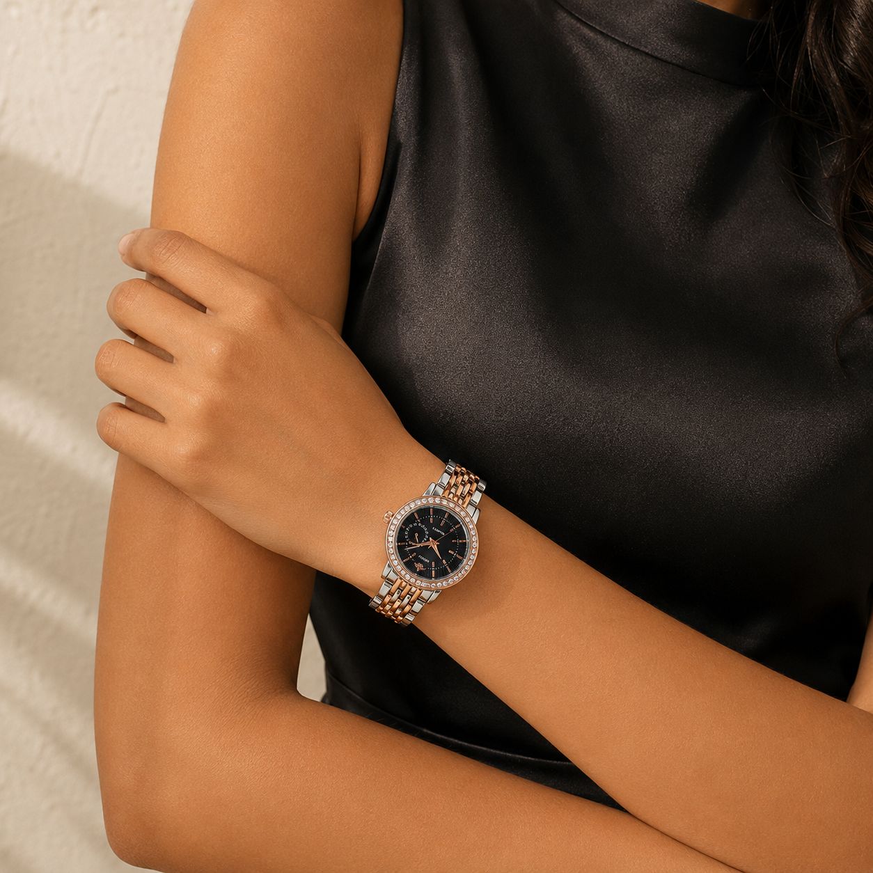 Black Crystal-Accented Dial Two-Tone Stainless Steel Watch