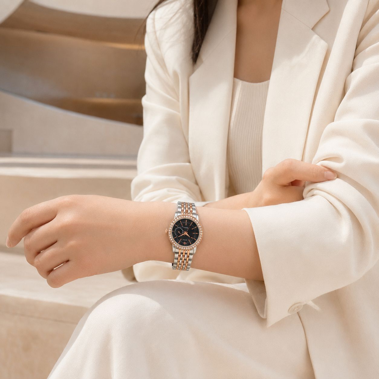 Black Crystal-Accented Dial Two-Tone Stainless Steel Watch