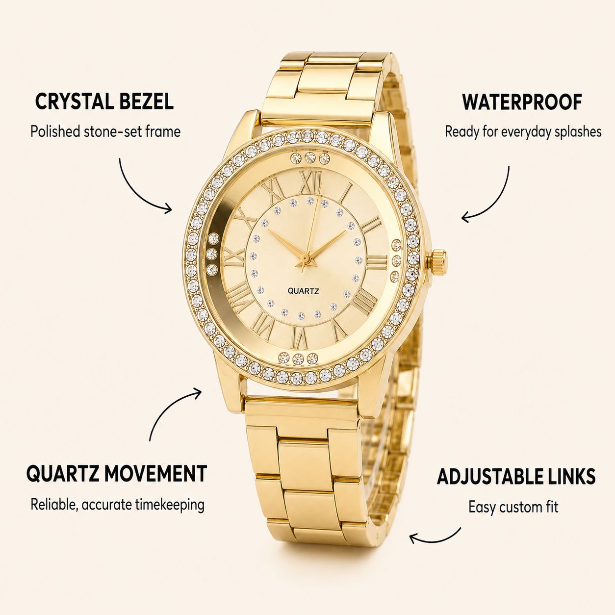 Crystal-Accented Gold Bracelet Watch