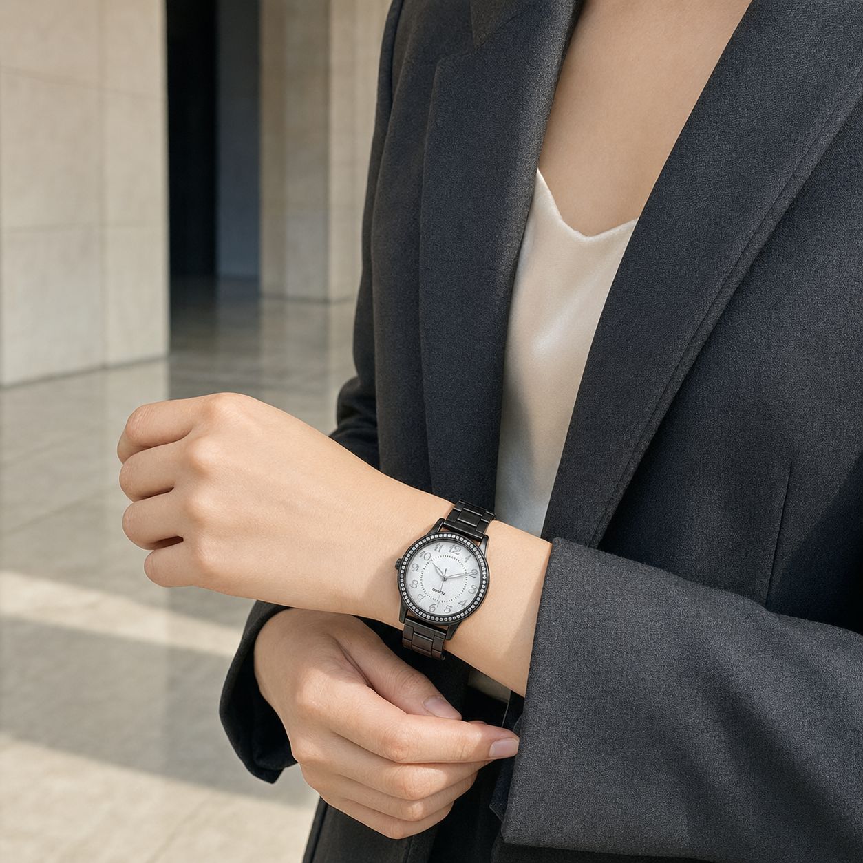 Crystal-Accented Steel Quartz Watch