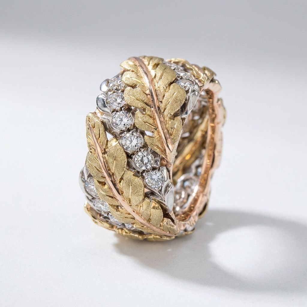 Crystal Leaf Wide Band Ring